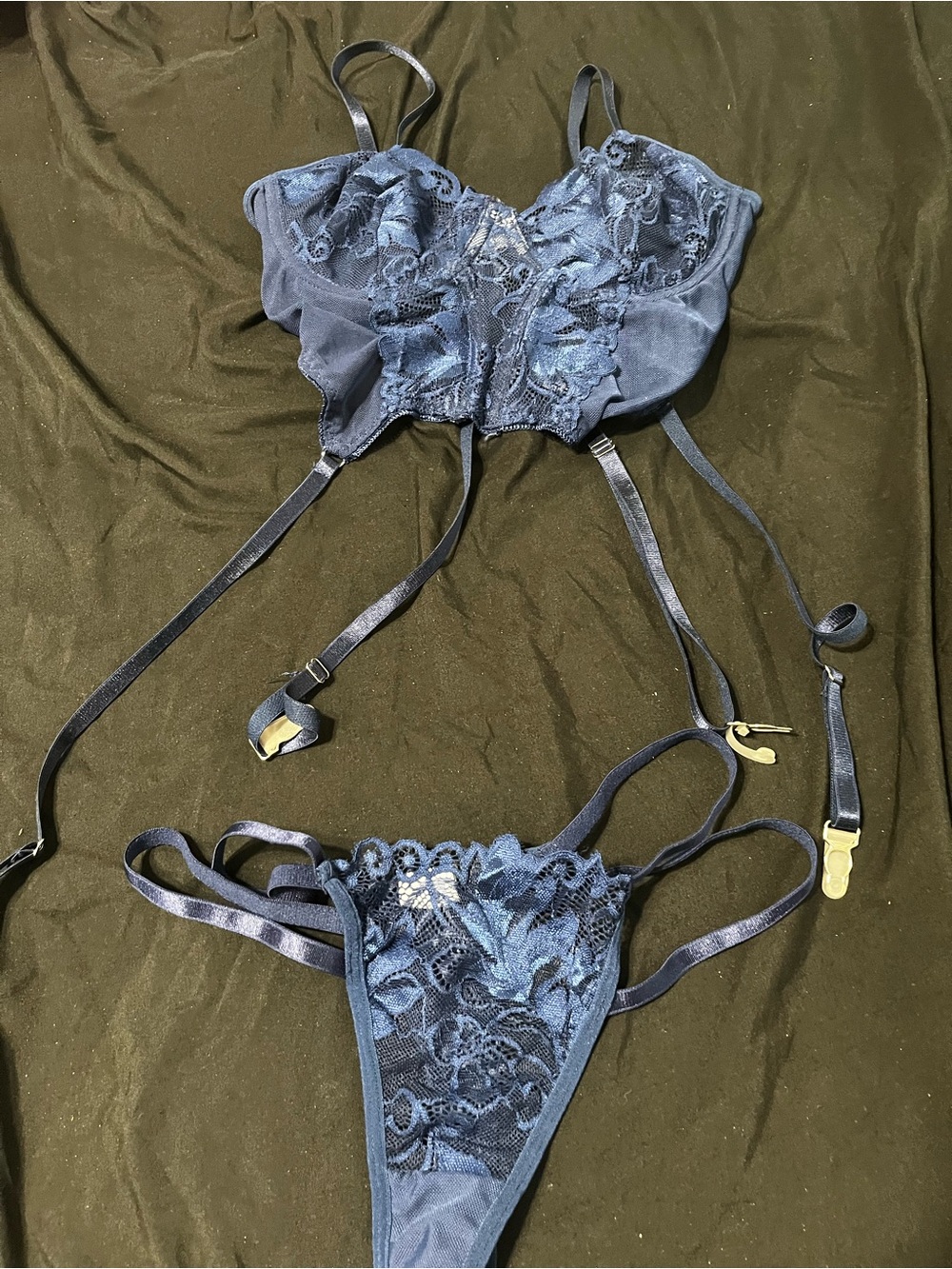 SHEIN Navy Blue Lace Garter Bra & Thong Set